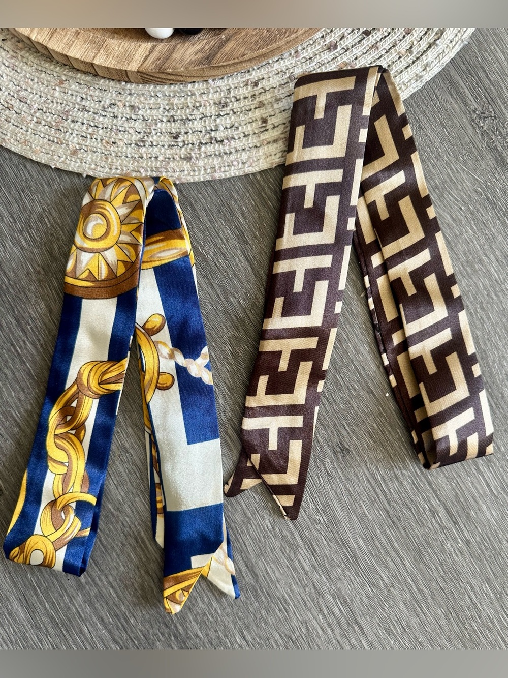 Silky Geometric & Nautical Scarf Twilly Set - Blue, Gold & Brown NWT